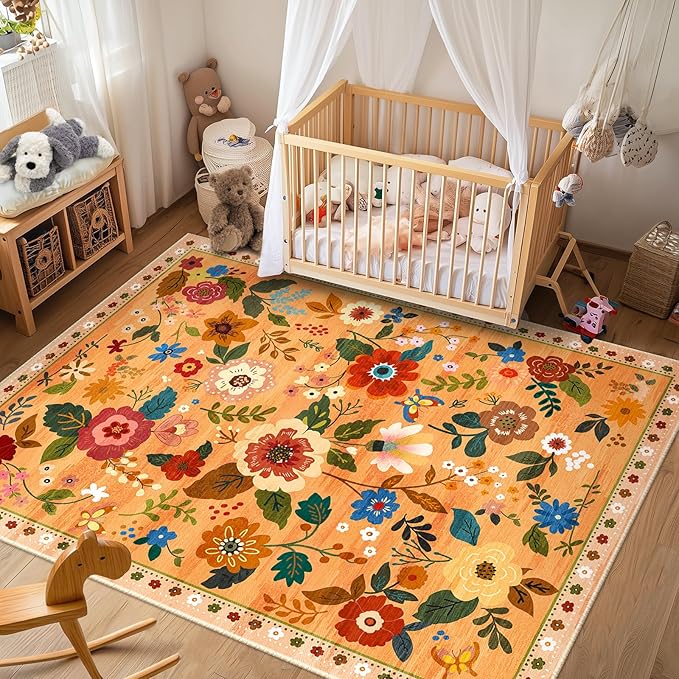 RELEANY Floral Nursery 6x9 Area Rugs Washable Print Boho Cute Carpet Non Slip - Image 2
