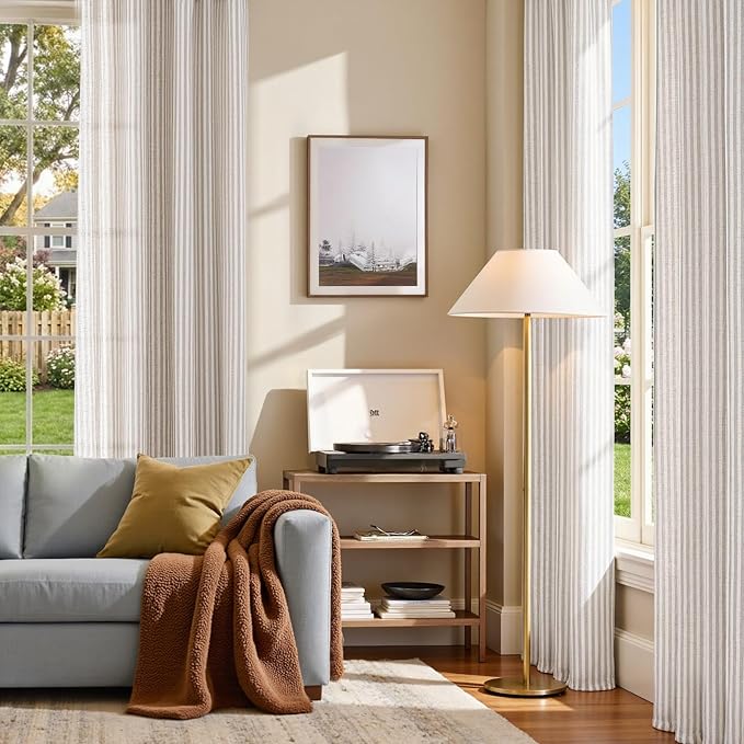 jinchan Linen Curtains for Living Room Taupe Grey on Beige Striped Curtains for - Image 3
