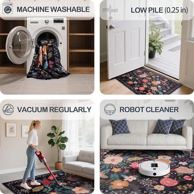 9x12 Area Rug, Floral Rugs for Living Room, Stain-Resistant Washable Bedroom Rug - Image 4