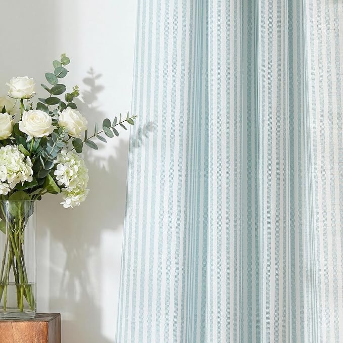 jinchan Linen Curtains for Living Room Aqua Blue Vertical Striped on White - Image 5