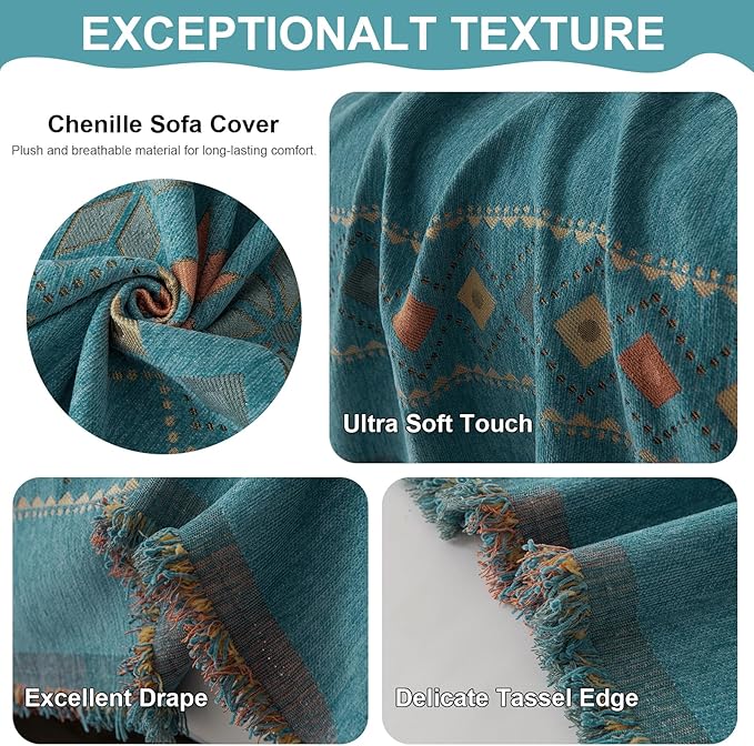 VClife Boho Couch Cover Green Geometric Jacquard Pattern Sofa Cover, 1 Piece - Image 6