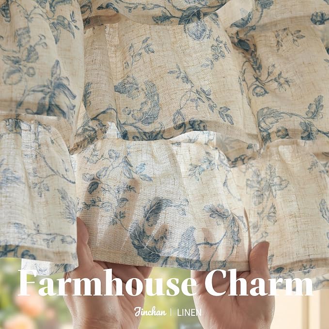 jinchan Amlie Ruffled Floral Valance Curtain Shabby Chic Linen Kitchen Valance - Image 6