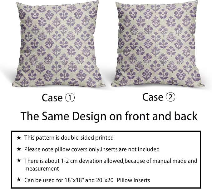 Purple Floral Pillow Covers 22x22 Inch Set of 2, Vintage Flower Block - Image 6