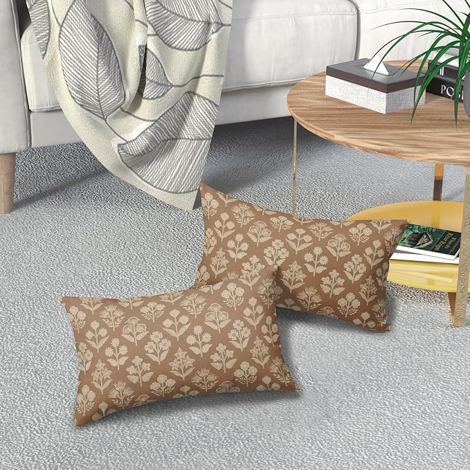 Brown Pillow Covers 12x20 Inch Set of 2, Cream Floral Block Print Pattern - Image 7