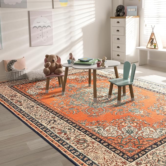 Area Rug for Bedroom, Non-Slip Orange Area Rug, Machine Washable 5x7Ft Vintage - Image 5
