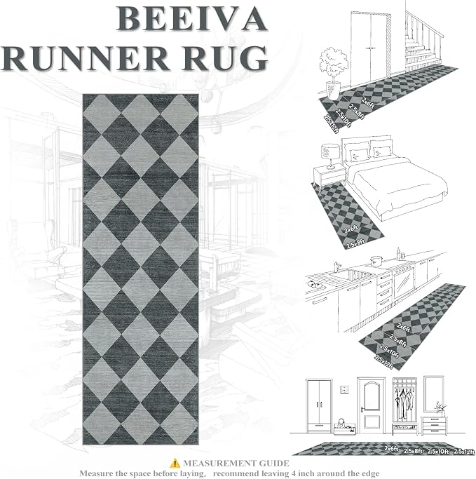 Beeiva Checkered Print Hallway Runner Rug 2.5x8, Ultra Thin Kitchen Runner Rugs - Image 6