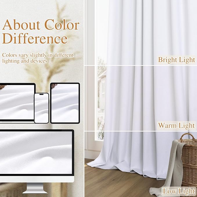 Guken White 100% Blackout Linen Curtains 144 Inch Length 2 Panels Set - Image 7