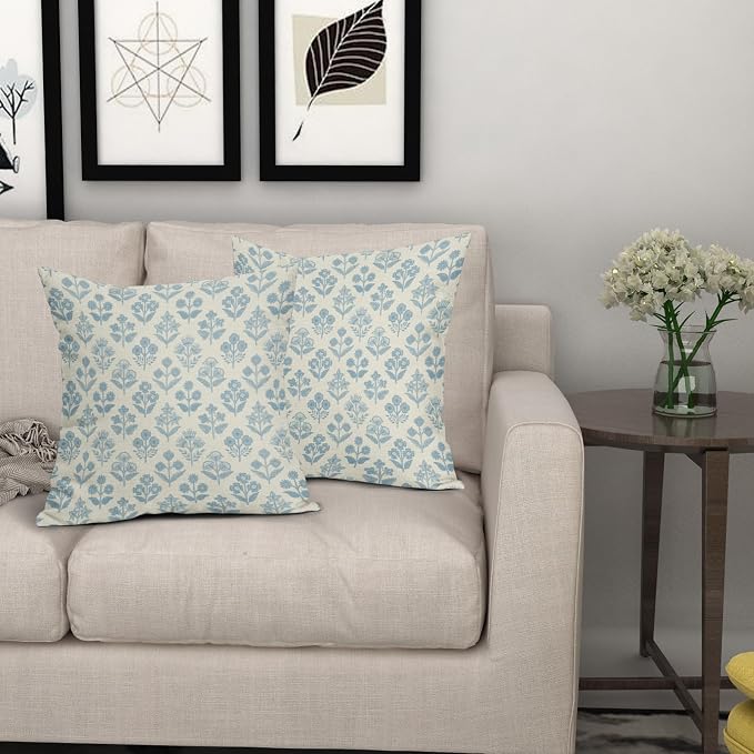 Light Blue Floral Pillow Covers 24x24 Inch Set of 2, Vintage Flower Block Print - Image 7