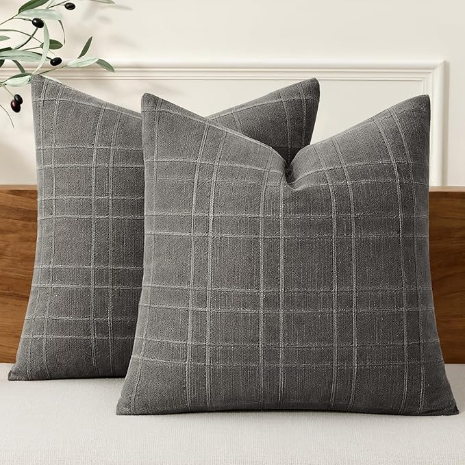 MIULEE Decorative Linen Check Lumar Throw Pillow Covers Neutral Farmhouse by MIULEE