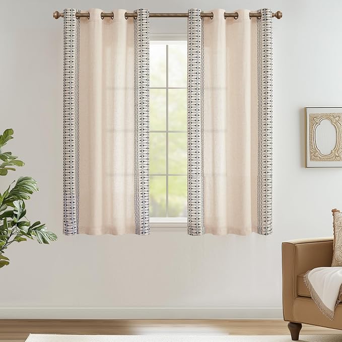 jinchan Boho Curtains Embroidered Linen Blend Window Curtains - Image 2