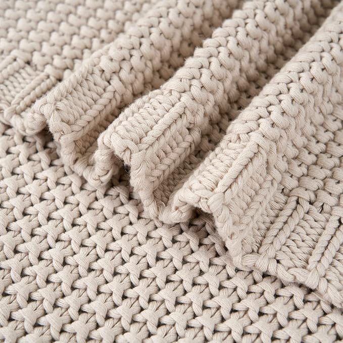 Chunky Cable Knit Throw Blanket Lightweight Beige 100% Organic Cotton Blanket - Image 9
