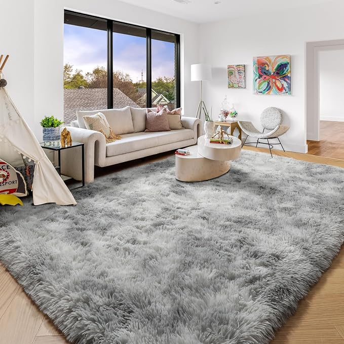 Amdrebio Tie-Dyed Light Grey Large Living Room Rugs 6x9, Furry Shag Area Rug - Image 4