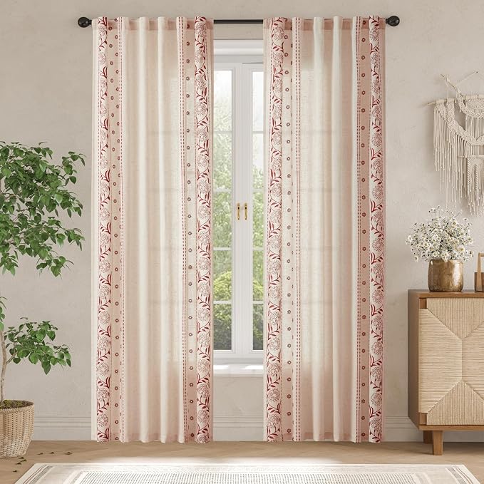 jinchan Red Floral Linen Curtains - Image 3