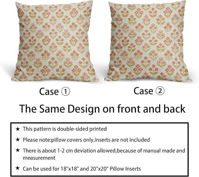 Orange Yellow Floral Block Print Pillow Covers 18x18 Inch Set of 2, Vintage - Image 6