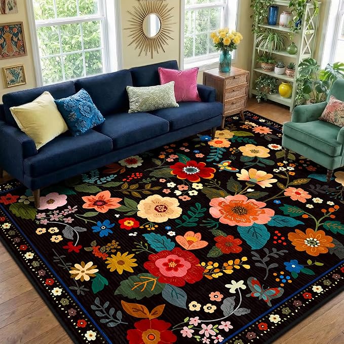 RELEANY Floral Nursery 8x10 Area Rugs Washable Print Boho Cute Carpet Non Slip by RELEANY