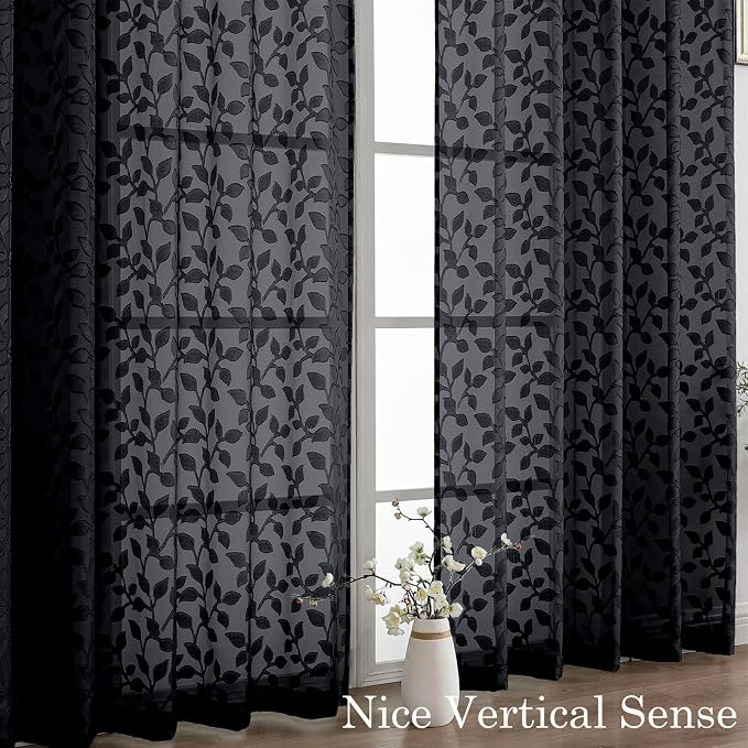 Chyhomenyc Black Sheer Curtains 30 Inch Length, Light Filtering Leaf Tufted - Image 9