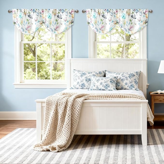 Leeva Blue Watercolor Floral Pleated Valance, Linen Textured Rod Pocket Scallop - Image 3
