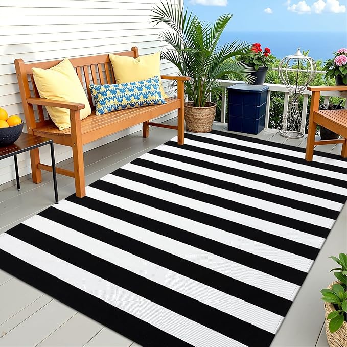 OLANLY Black and White Striped Rug 3' x 5' – Washable Cotton Indoor Outdoor - Image 9