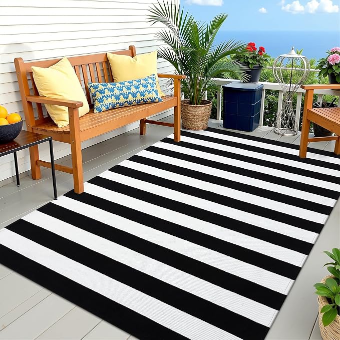 OLANLY Black and White Striped Rug 5' x 7' – Washable Cotton Indoor Outdoor by OLANLY