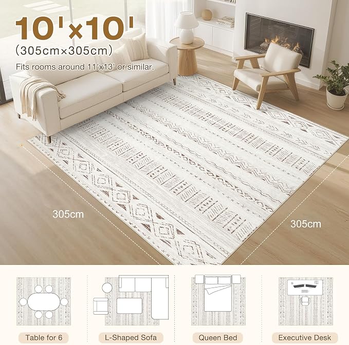 cotiled 10x10 Area Rug Living Room: Washable Boho Rugs - Image 8
