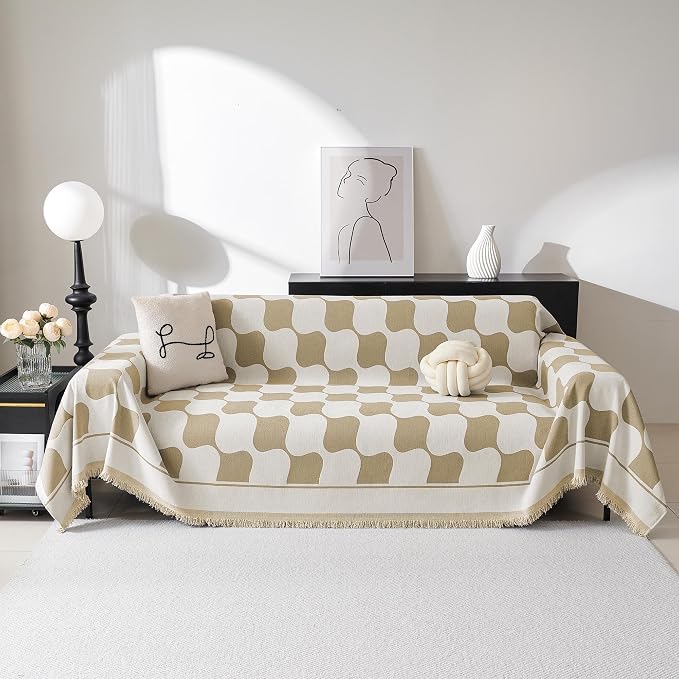 MEETSKY Couch Cover Modern Khaki White Plaid Jacquard Sofa Slipcover U Shape - Image 2