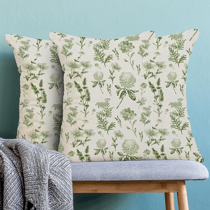 AEIOAE Sage Green Spring Pillow Covers 16x16 Inch Set of 2, Wild Flower Leaves - Image 2