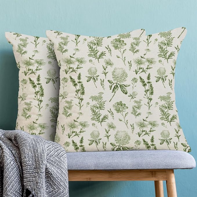 AEIOAE Sage Green Spring Pillow Covers 20x20 Inch Set of 2, Wild Flower Leaves - Image 2