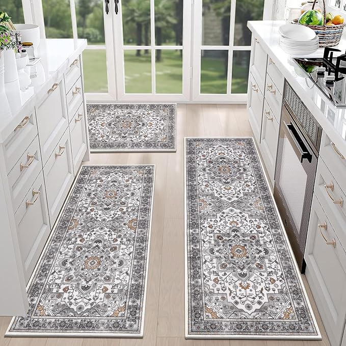 HEBE Farmhouse Kitchen Rugs Sets of 3 Non Slip Washable Boho Kitchen Rugs and by HEBE