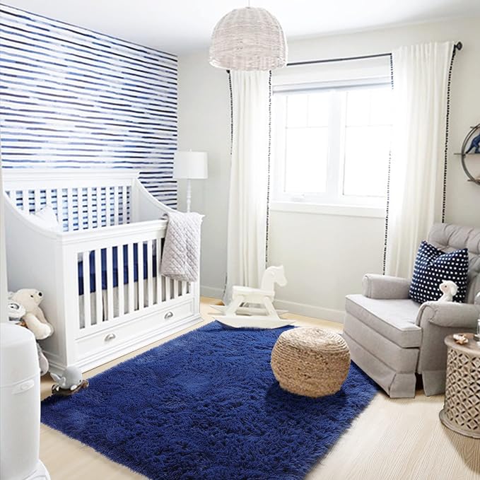 Amdrebio Navy Blue Area Rugs for Boys Bedroom, Fluffy Shag Furry Bedside Rug - Image 7