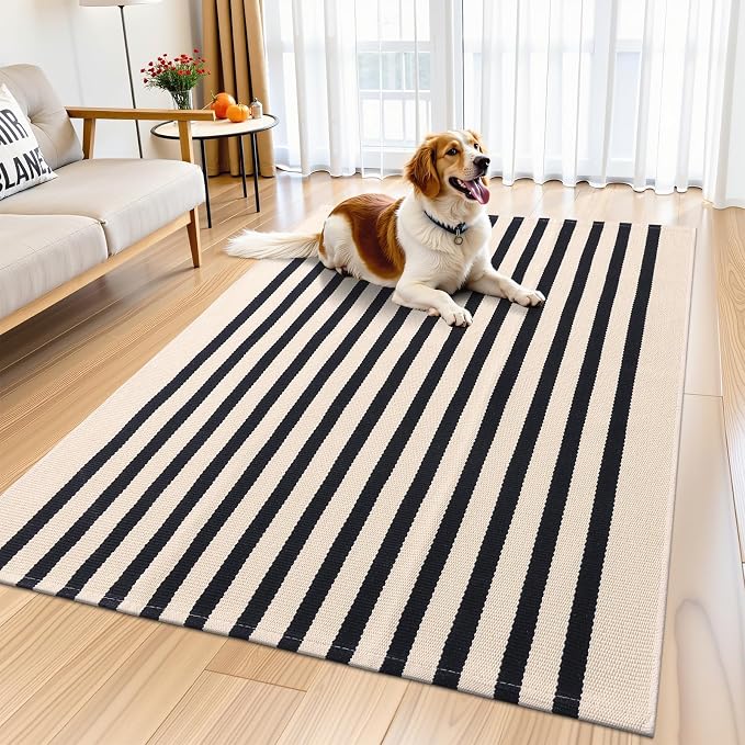 OLANLY Beige and Black Striped Rug 4' x 6' – Washable Cotton Doormat by OLANLY