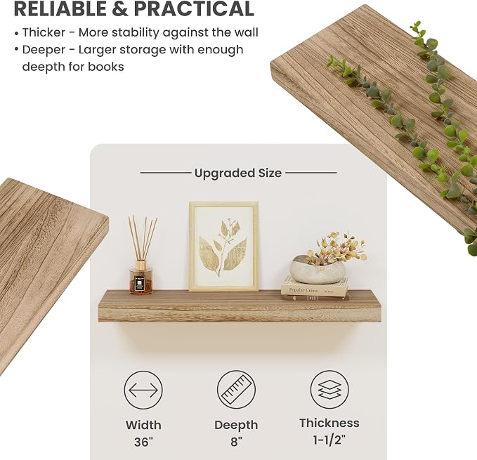 Solid Wood Floating Shelves for Wall 36"W x 8"D x 1.56"H Set of 2, Deep Wall - Image 4