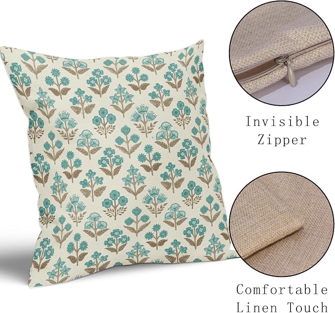 Brown Cyan Floral Pillow Covers 22x22 Inch Set of 2, Vintage Flower Block Print - Image 4