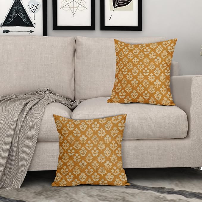 Mustard Yellow Floral Block Print Pillow Covers 18x18 Inch Set of 2, Vintage - Image 3