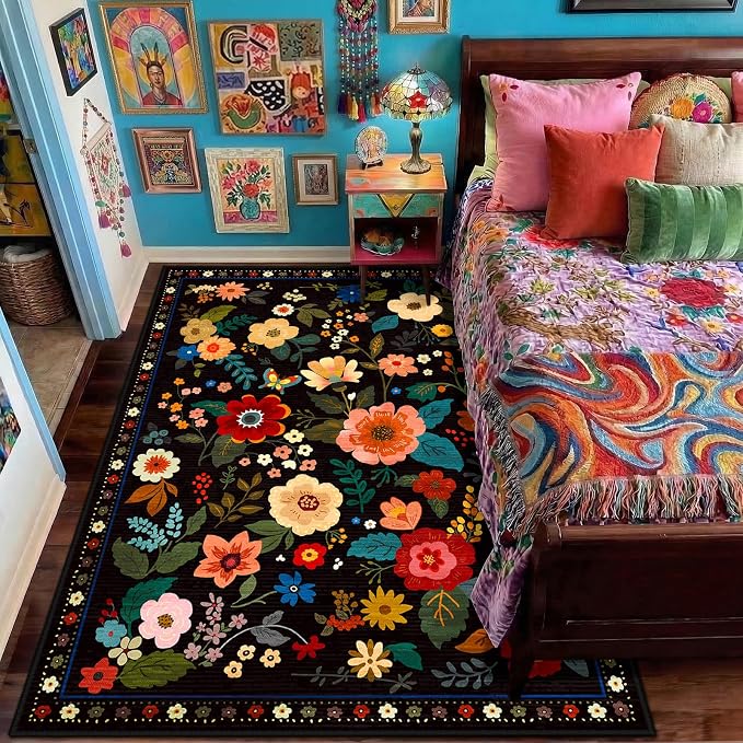 RELEANY Floral Nursery 3x5 Area Rugs Washable Print Boho Cute Carpet Non Slip by RELEANY