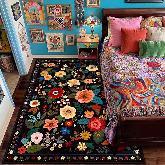 RELEANY Floral Nursery 4x6 Area Rugs Washable Print Boho Cute Carpet Non Slip by RELEANY