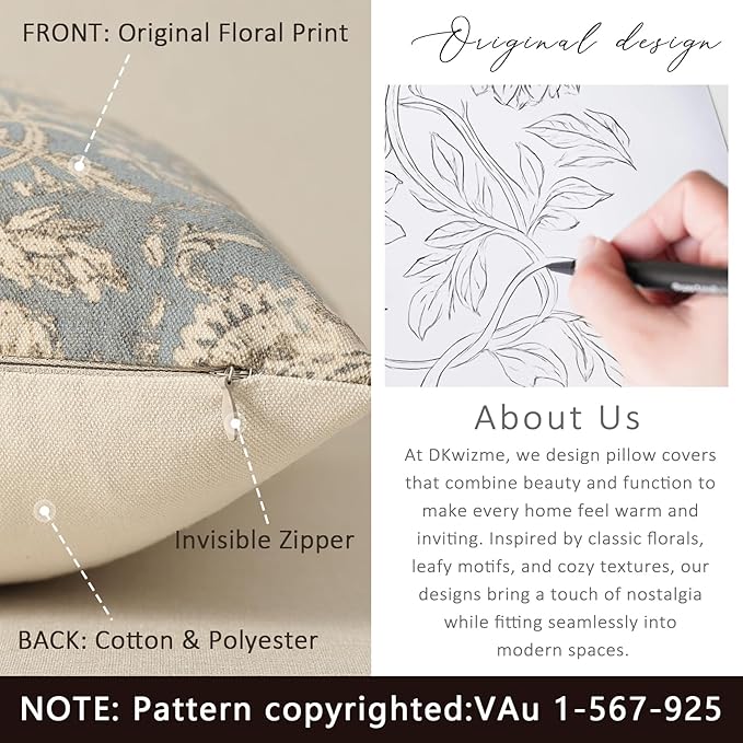 Vintage Floral Print Throw Pillow Covers 22x22 Set of 2 Neutral Modern - Image 3
