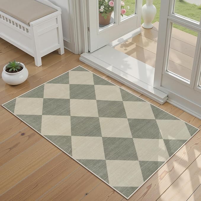 Beeiva Checkered Washable Entryway Rug 2x3, Non Slip Ultra Thin Green Front - Image 9