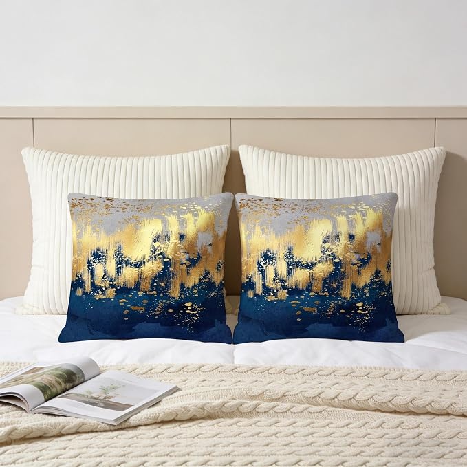 Navy Blue and Gold Pillow Covers 18 x 18 inch Set of 2 Decorative Cushion - Image 4