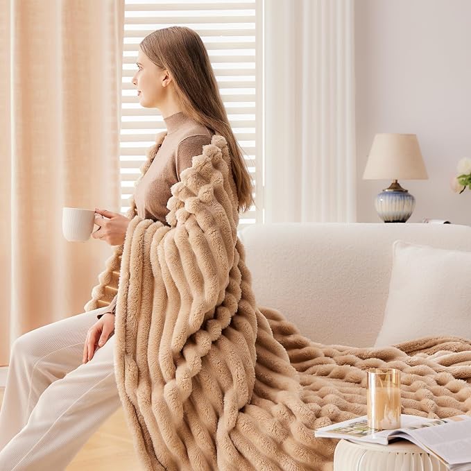 NEWCOSPLAY Super Soft King Blanket Brown Premium Silky Flannel Fleece 3D Ribbed - Image 6