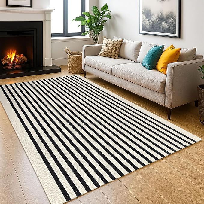 KOZYFLY Black and Beige Striped Rug 5x8 Ft Area Rug Washable Indoor Outdoor Rug by KOZYFLY