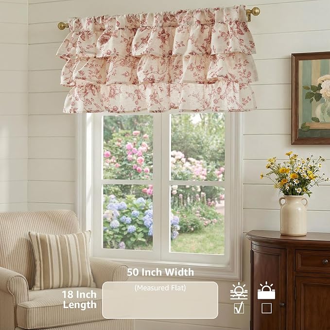 jinchan Amlie Ruffled Floral Valance Curtain Shabby Chic Linen Kitchen Valance - Image 3