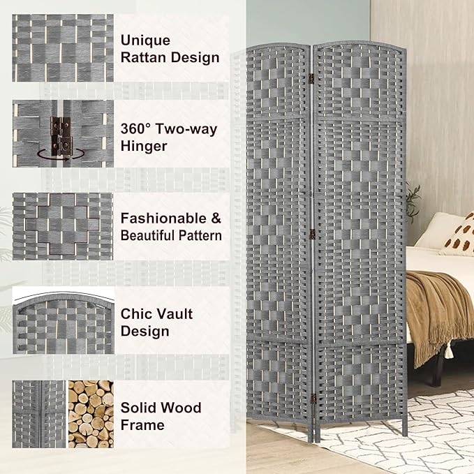 Rose Home Fashion Room Divider 5.6 ft.Tall-15.7" Wide Weave Fiber 6 Panels Room - Image 4