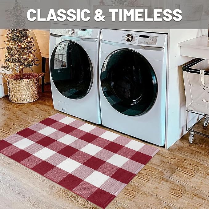 IOHOUZE Christmas Buffalo Plaid Rug 2x3 Ft Outdoor Indoor Doormat Red White - Image 4