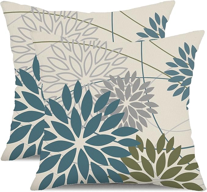 Blue Army Green Outdoor Pillow Covers Set of 2 18X18 Inch Teal Floral Elegant by DFXSZ