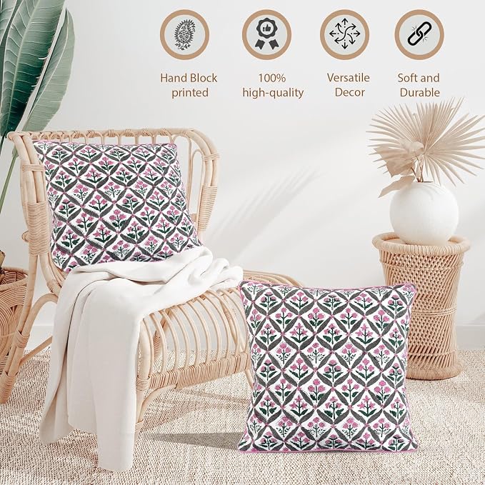 Ridhi Block Print Pink and White Pillow Cover 20" x 20" Decorative Couch Pillows - Image 4