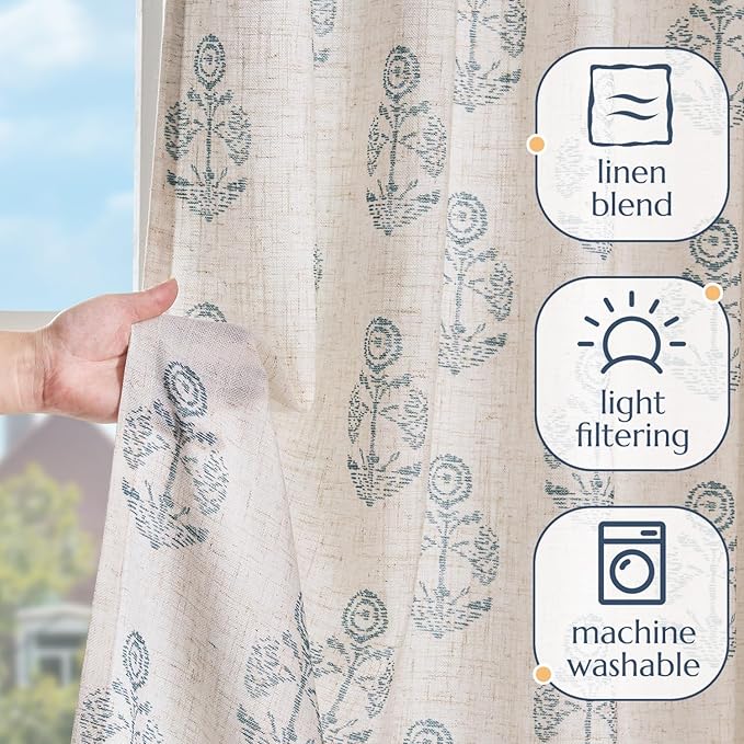 jinchan Linen Floral Curtains for Living Room 63 Inch Length Blue Flower - Image 4