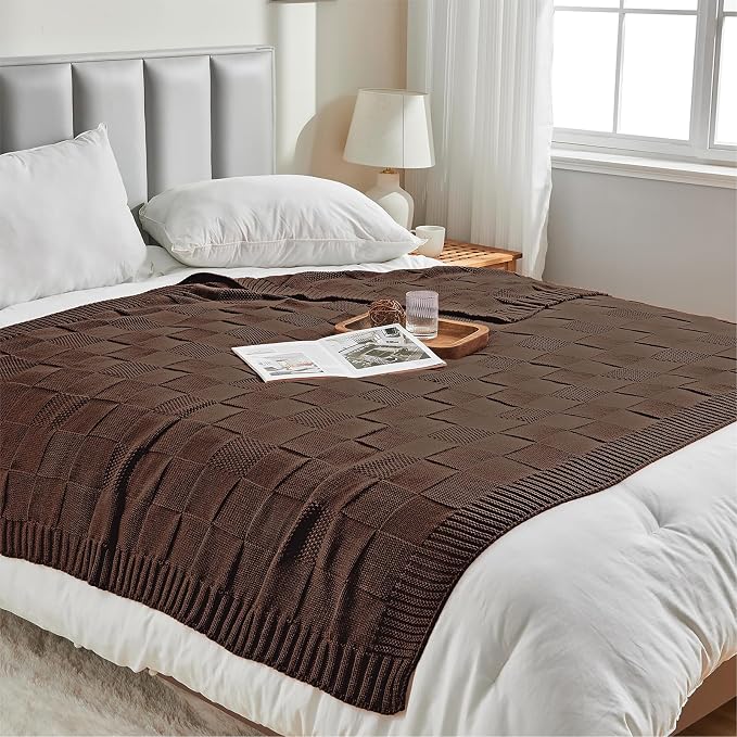 CozeCube Check Knit Throw Blanket, Dark Brown Checkered Throw - Image 6