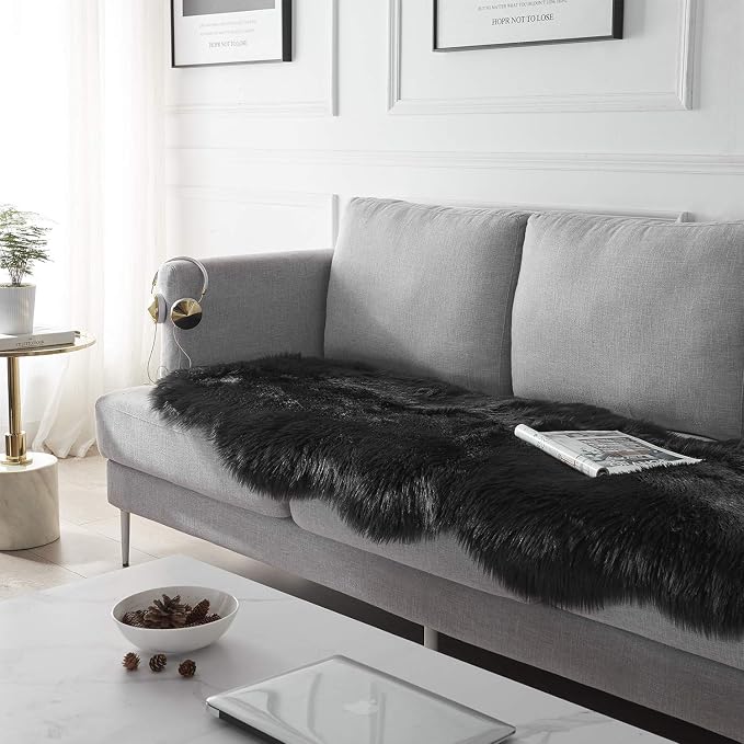 SERISSA Ultra Soft Fluffy Rug Black Faux Sheepskin Fur Area Rug Shaggy Couch - Image 3