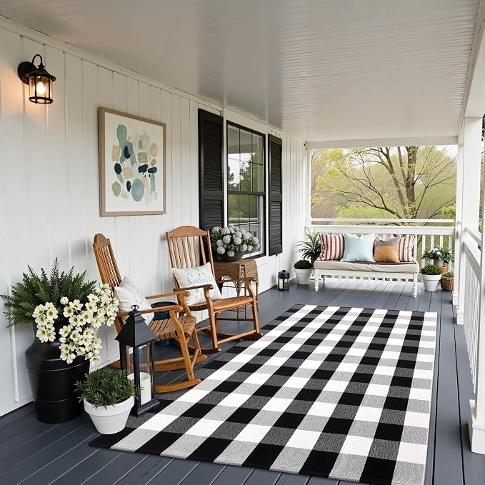 OLANLY Buffalo Plaid Rug 3' x 5' – Black and White Cotton Checkered Doormat - Image 5