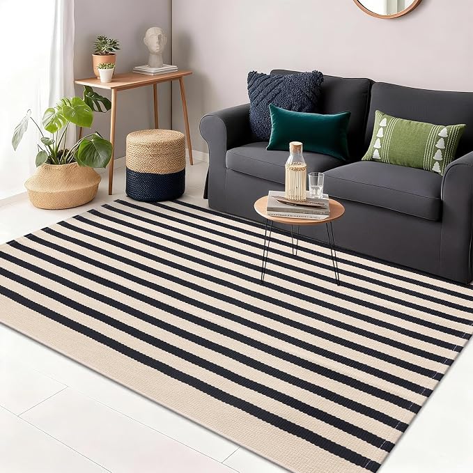 OLANLY Beige and Black Striped Rug 3' x 5' – Washable Cotton Doormat by OLANLY